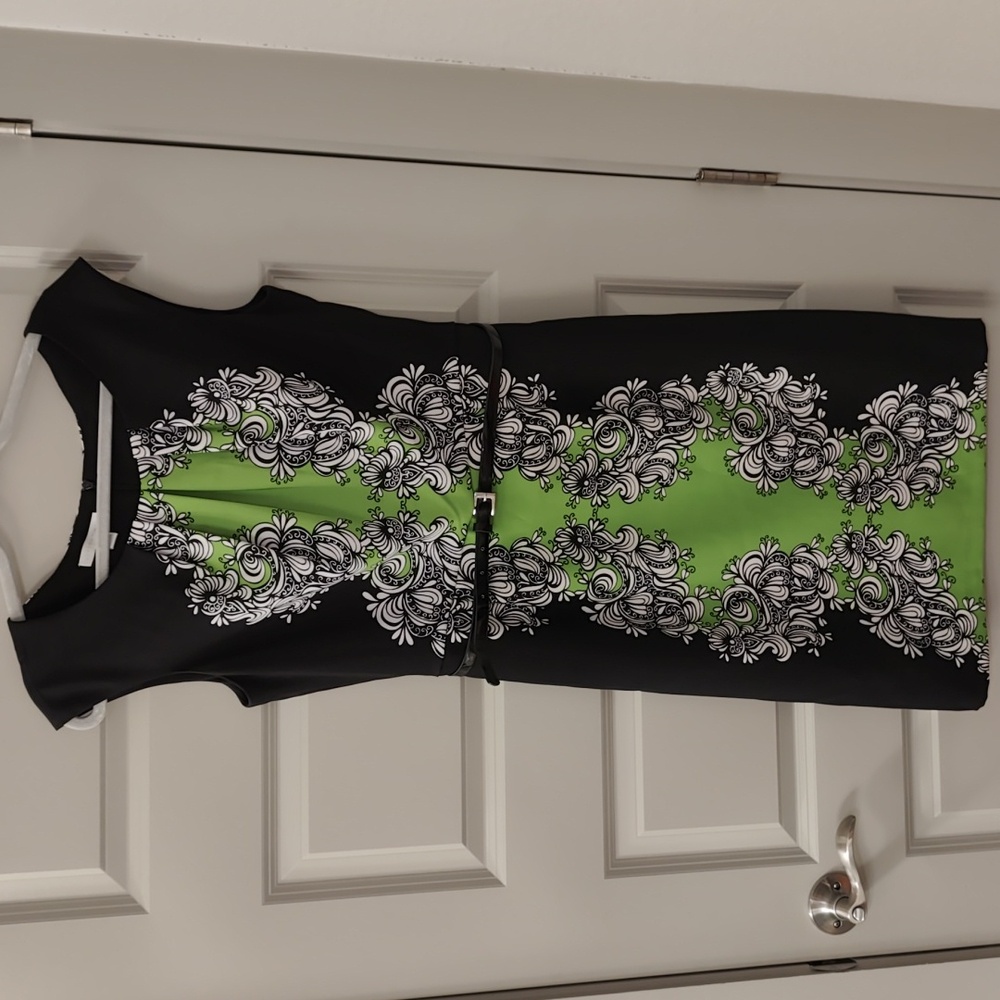 Black/Green floral mini zip sleeveless crew neck dress w/belt s12 London Times